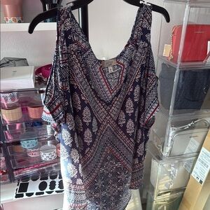 Patterned Blue and Red Women's peek shoulder Top